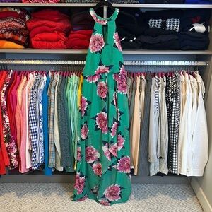 City Studio green/pink floral print sleeveless back hook/eye maxi dress size S